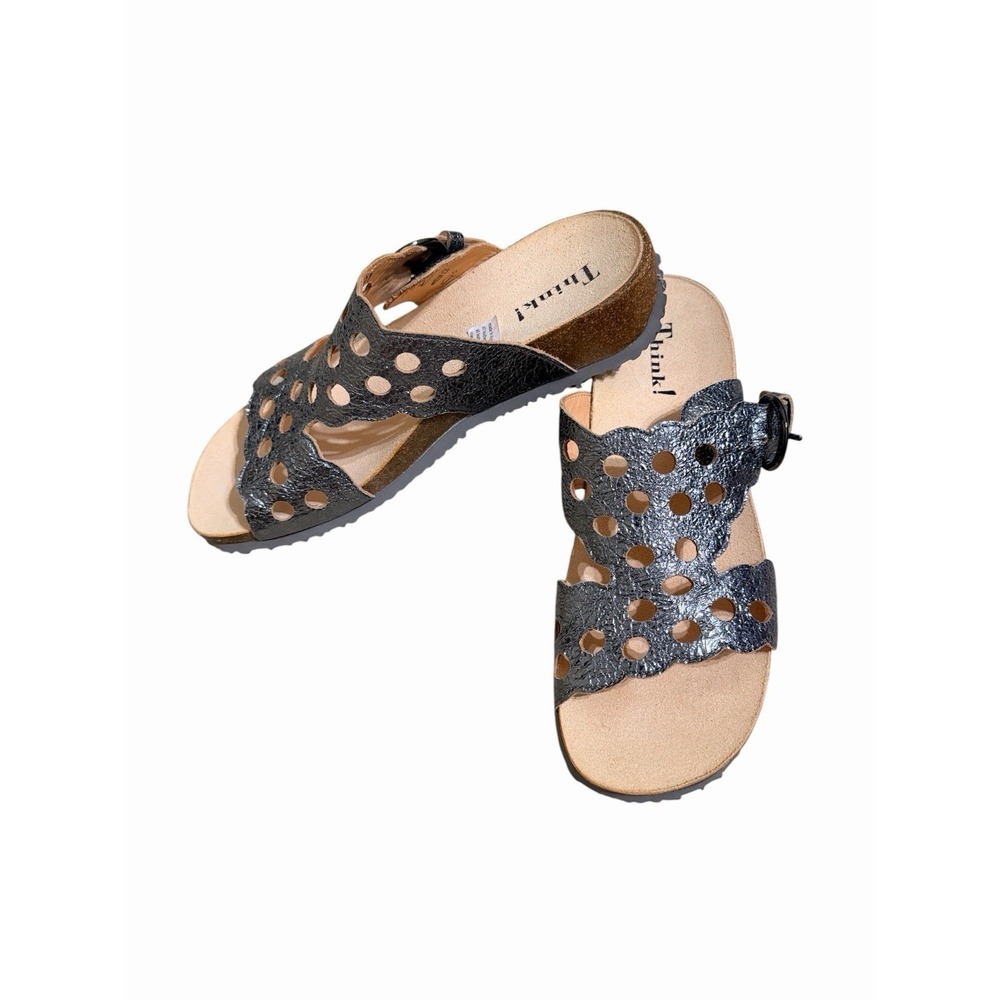 Think! Mizzi Womens Size 8 Metallic Silver Leather Cut-Out Mule Sandals Boho